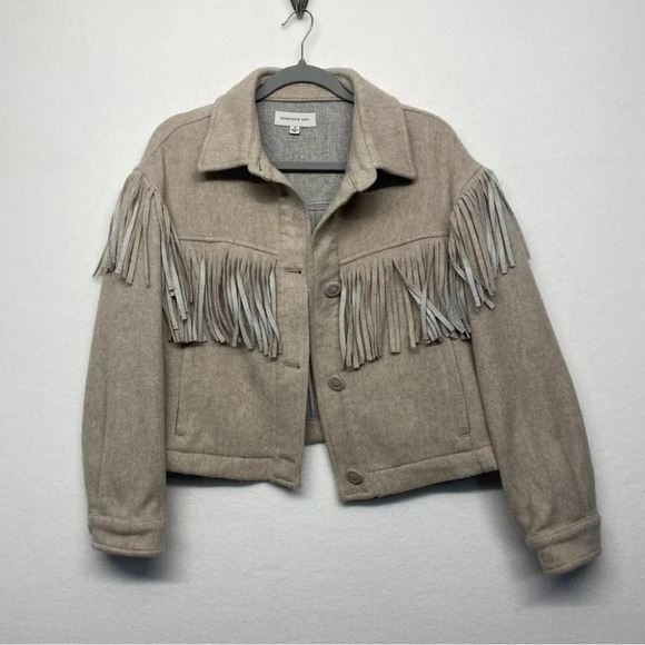 Something Navy Delphine Wool Fringe Jacket Coat S Tan - Picture 8 of 12